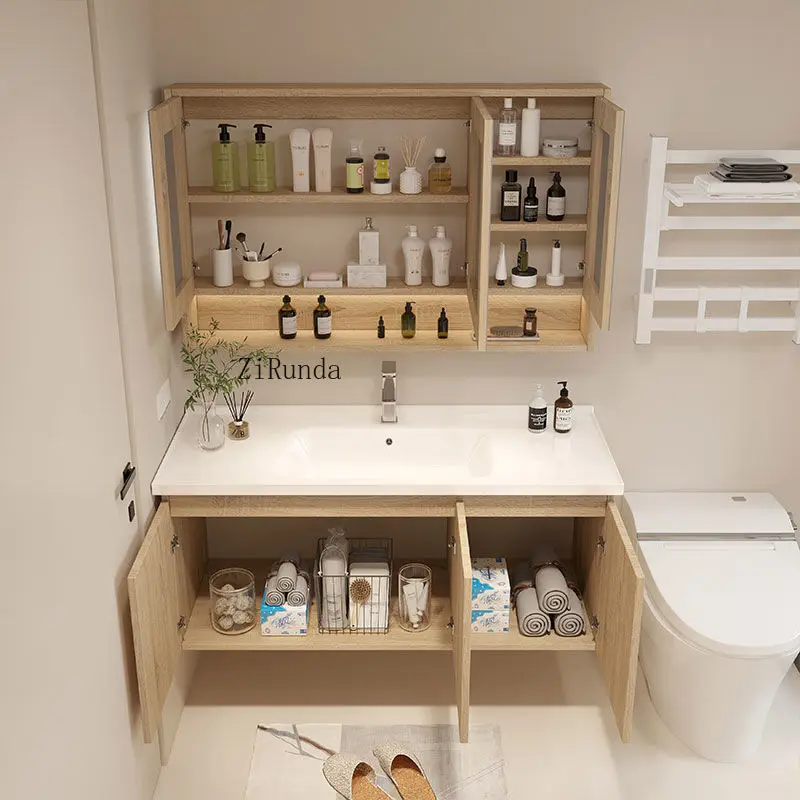 Conjunto de combinação de armário de banheiro estilo log de luxo simples e leve, pia de banheiro integrada de cerâmica