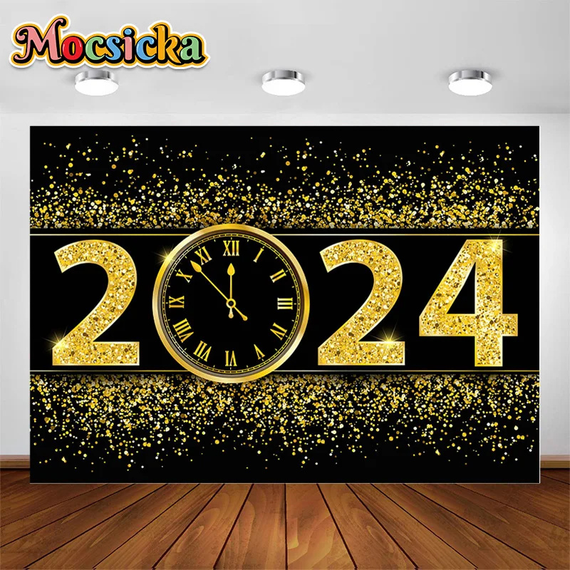 Mocsicka Cheers to 2024 Eve Photography Background Happy New Year Fireworks Glitter Party Portrait Decor Photo Backdrop Studio