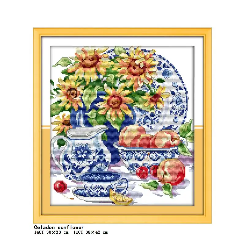 Porcelain and Flowers Still Life Collection Printed Cross Stitch Kit 14CT 11CT White Canvas Fabric Needlework Sewing Craft Set