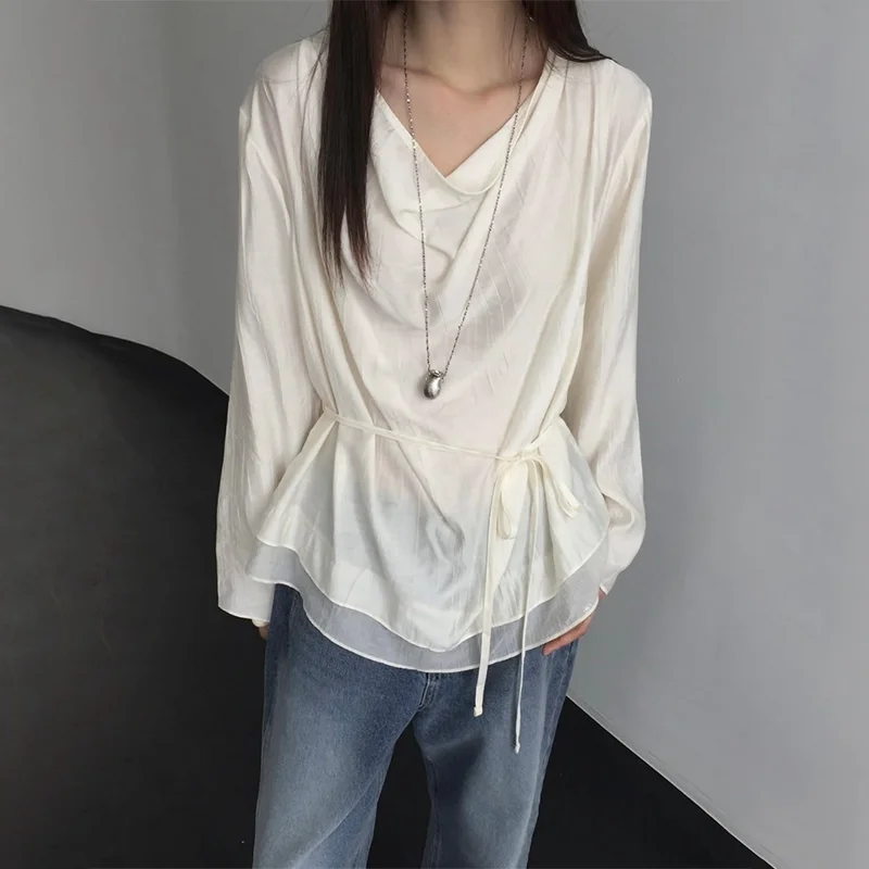 Ele Waist-Cinching irt Loose Fit Polyester Fiber Long Sve Women's Top Lazy Sle Bow-Tied Faionable Top