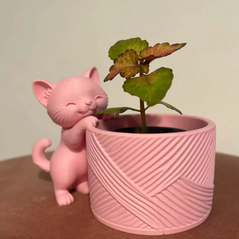 3D Printed Yarn Ball Kitten Planter Cute Cat Figurine Flower Pot Textured Succulent Plant Pot Home Tabletop Decor