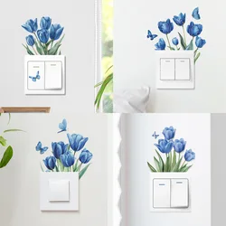 Romantic blue tulips Switch Wall Sticker Removable Waterproof sticker for bedroom bathroom Living room Home Decoration Stickers