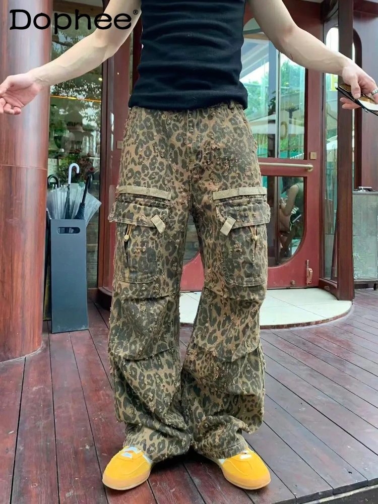 

Men's 2025 Autumn Winter New Leopard Print Loose Straight Tooling Pants Stylish Trousers Male Handsome Zipper Cotton Chic Pants