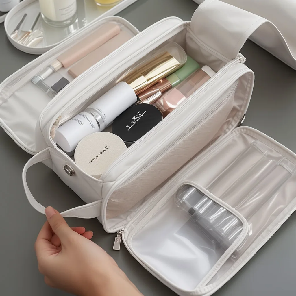 Multifunctional Makeup Bag For Women PU Leather High Capacity Portable Double Zipper Travel Makeup Brush Toiletries Storage Bag