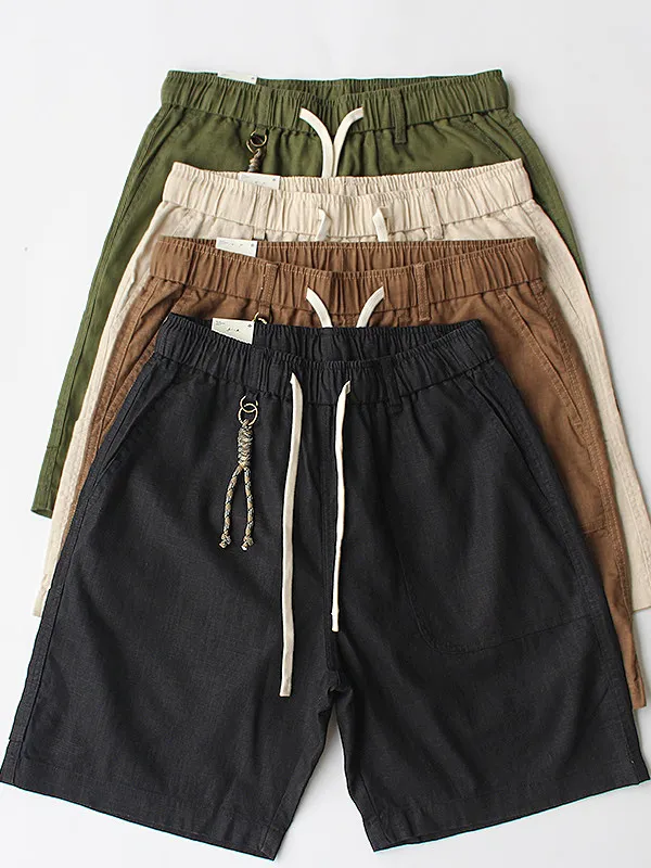 2026 Summer New American Retro Elastic Waist Cotton and Linen Shorts Men's Fashion Loose Multi-pocket Casual 5-point Pants