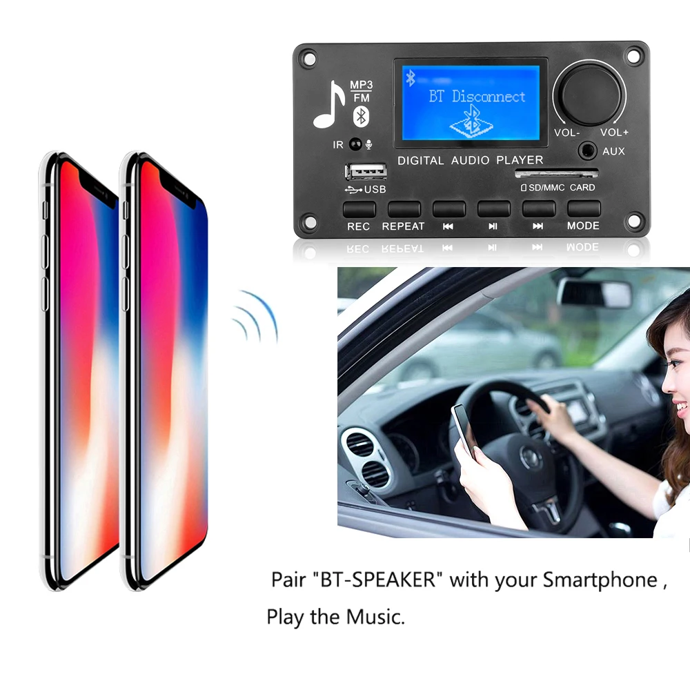 Bluetooth 5.0 MP3 Decoder Board 12V MP3 Player Audio Player with Remote Control FM Radio Module Support Call Recording TF USB