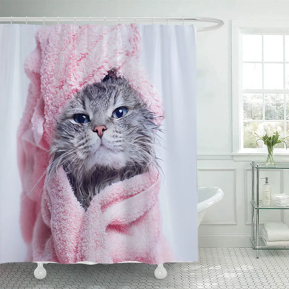 Cute cartoon cat print bathroom shower curtain partition curtain with 12 C-shaped plastic hooks