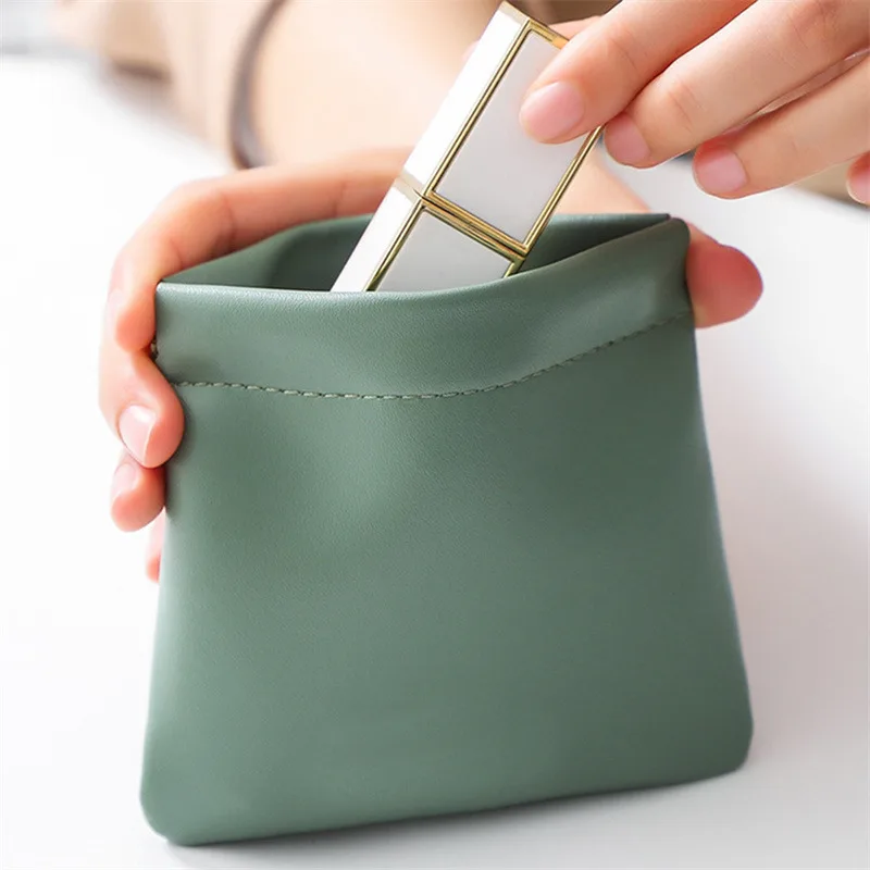 Solid Leather Women Coin Purse Automatic Close Metal Shrapnel Mini Storage Bag Portable Lipstick Earbuds Card Key USB Bag