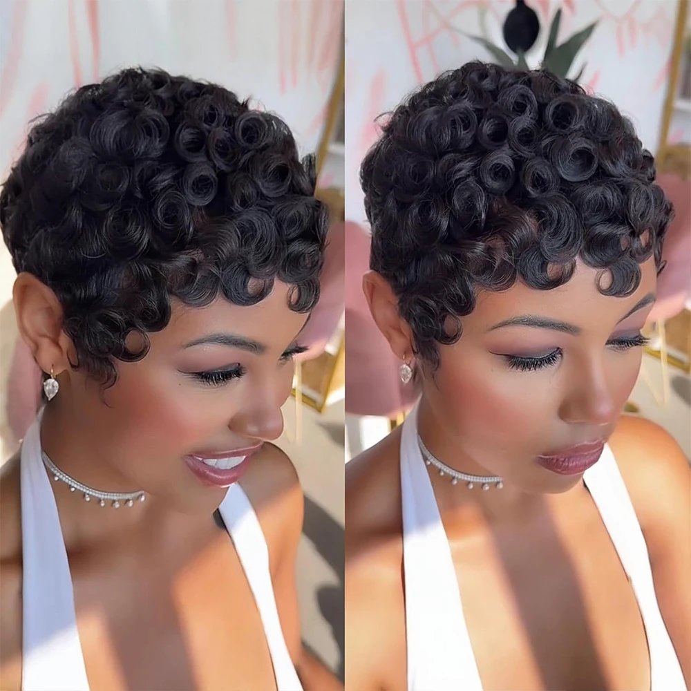 

Pixie Cut Curly Wigs for Black Women Layered Pixie Cut Short Human Hair Wigs Clearance Sale Natural Black Color No Glue Short Curly Human Hair Wig