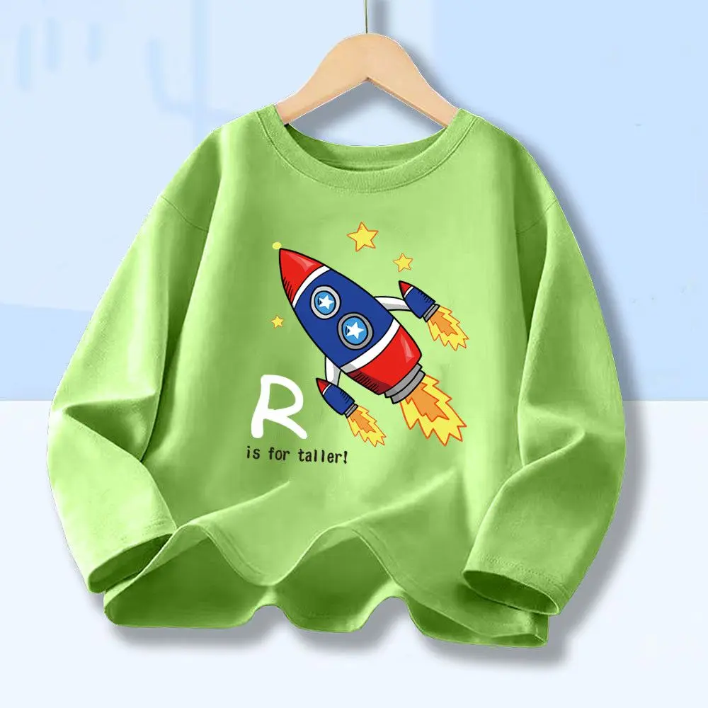 Kleidung aus Baumwolle für kleine Jungen, Frühling/Herbst, T-Shirt mit langen Ärmeln und Cartoon-Weltraumraketen-Motiv, Baumwoll-Oberteile, HJ1
