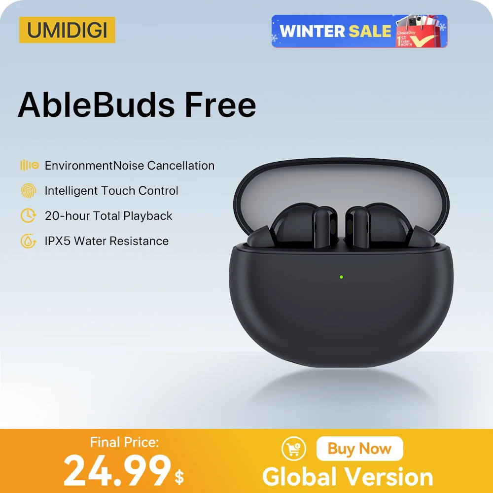 UMIDIGI AbleBuds Free Wireless Earphone 45dB Active Noice Cancelling IP55 Water Resistant Game Music Sports Bluetooth Headphones