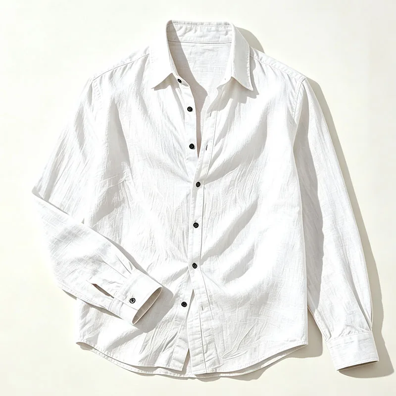 Herren-Leinenhemd für Frühling und Herbst, lässiges Langarmhemd mit Knöpfen, lockerer Schnitt, strukturierte Oberseite, leichtes Resort-Outfit für Herren – Detail 17