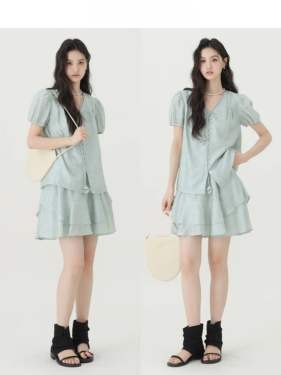 

CHACHASTU Summer een V-ne ort Sve irt Women's High Waist A-line Straight Cut Skirt Set Simple Ele Sle