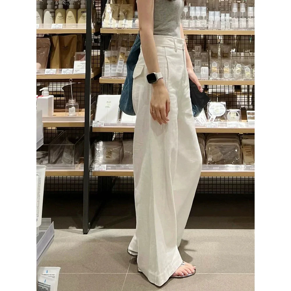 

Spring 2025 New Sle High Waist Wide Leg Cotton Linen Casual Pants Straight Cut Slimming Drapey White Women's Faion