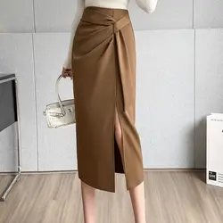 Elegant Zipper Folds Bandage Slit Asymmetrical Skirts Women's Clothing 2024 Spring New Loose Solid Color Office Lady Skirts