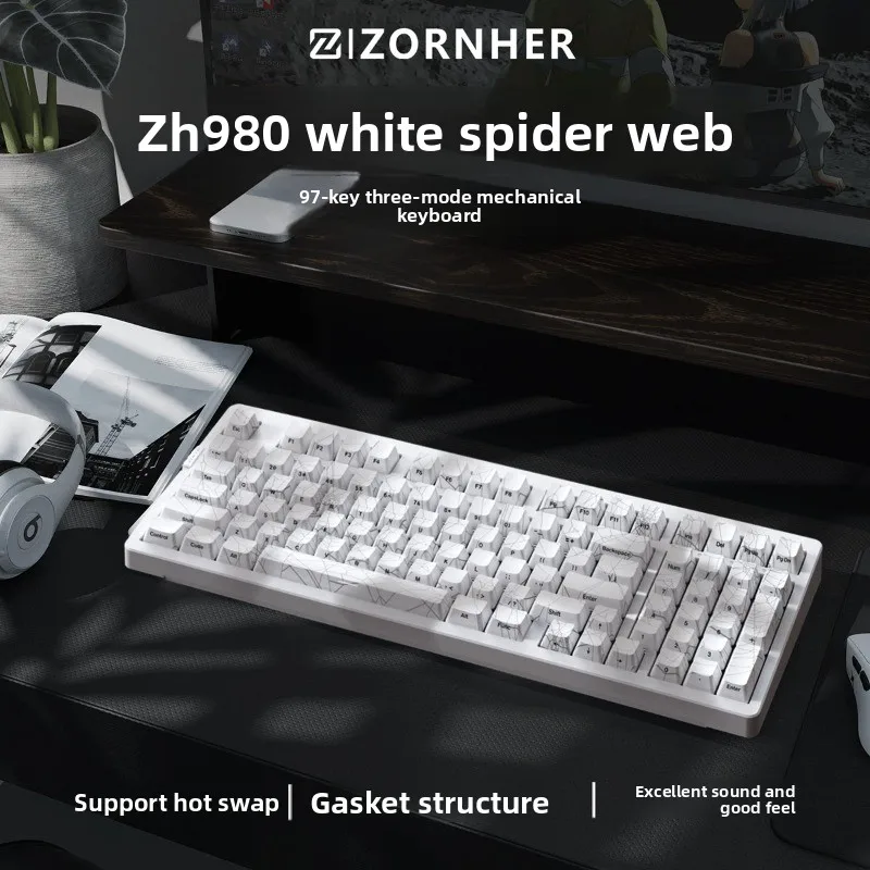 ZORNHER ZH980 Mechanical Keyboard White Spider Web Series Tri-Mode