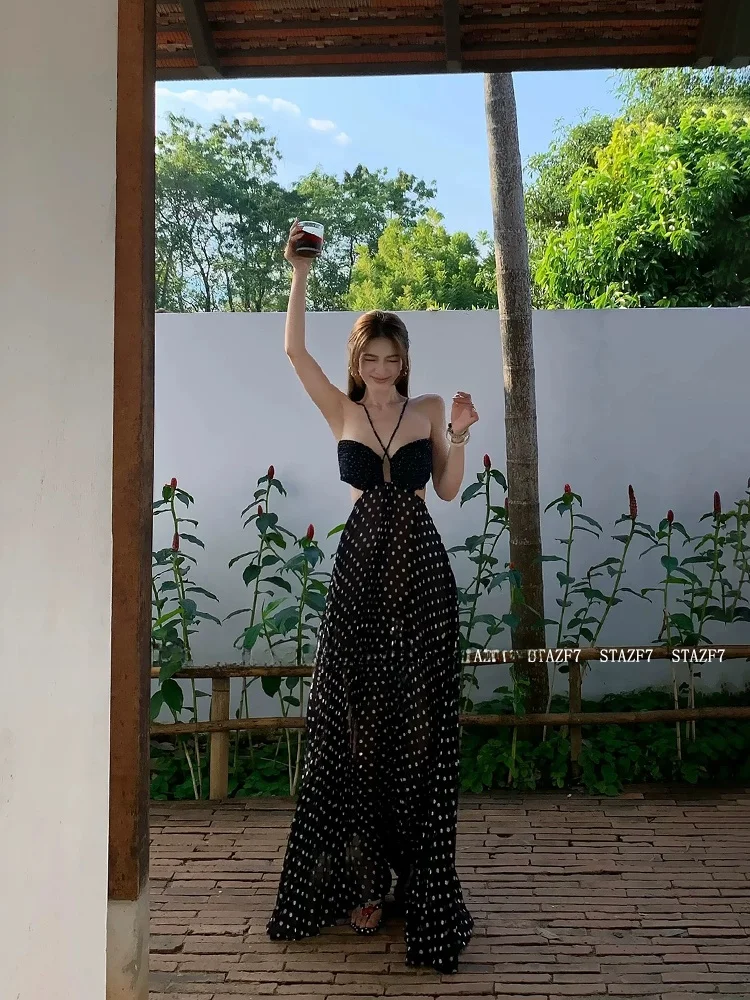 

Uomosi STAZF7 plus Size Polka Dot Backless Neck Hanging Summer Spring Vintage Vacation Long Dress Elegant French Style A-Line...