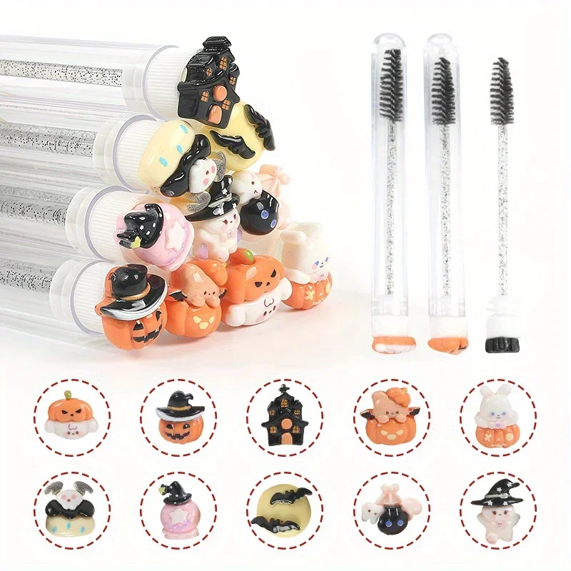 10PCS Halloween Tube Mascara Wands Disposable Eyelash Eyebrow Grooming Brushes Spooky Horror Cute Face Makeup Tools Party Favors