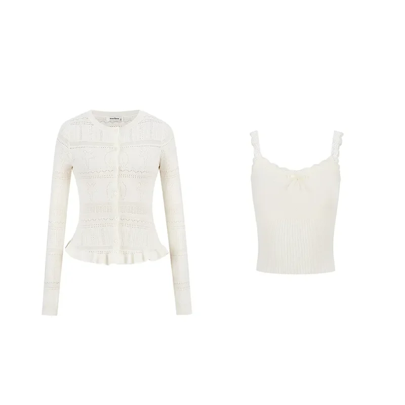 Women Hollow Knit Cardigan Ruffle Hem Matching Camisole Two Piece Sun Protection Set