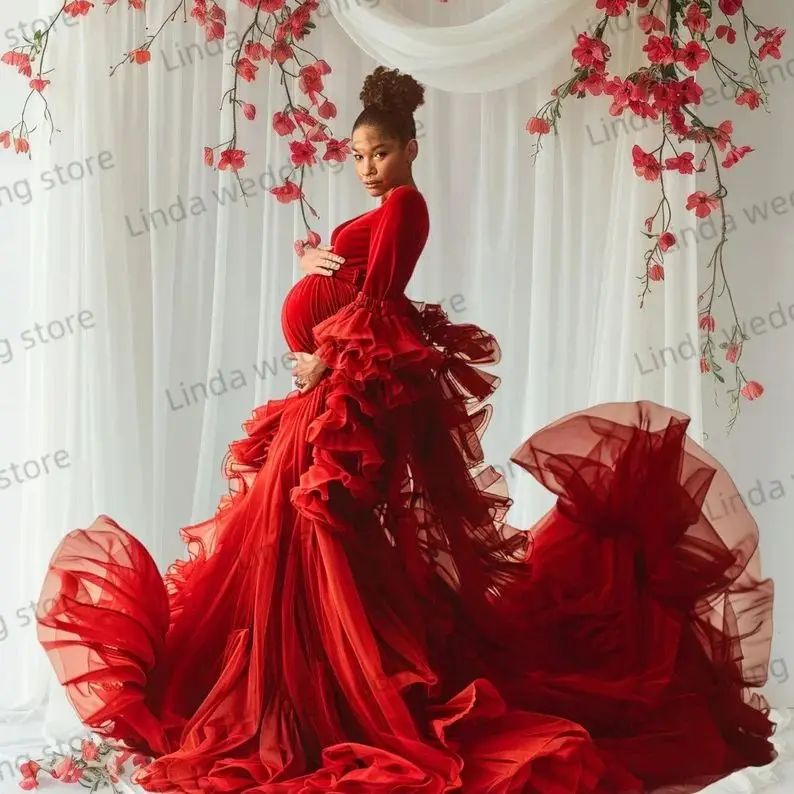 Pretty Red Prom Dresses for Pregnancy Maternity Dresses for Photoshoot Tiered Robes De Soriee for Bride New Baby Shower Gown