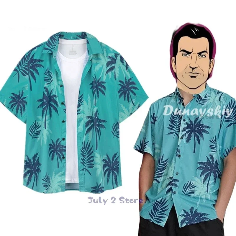 Vice Tommy Cosplay Costume Vercetti Grand Auto Protagonist Player Coast Style Beach Blue T Shirt Summer Halloween Shirt