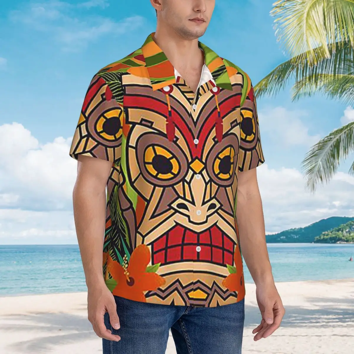

Ethnic Totems Of Indians Tiki Hawaiian Shirts Casual Men Short Sleeve Shirt for Summer Beach Men's Button Tops