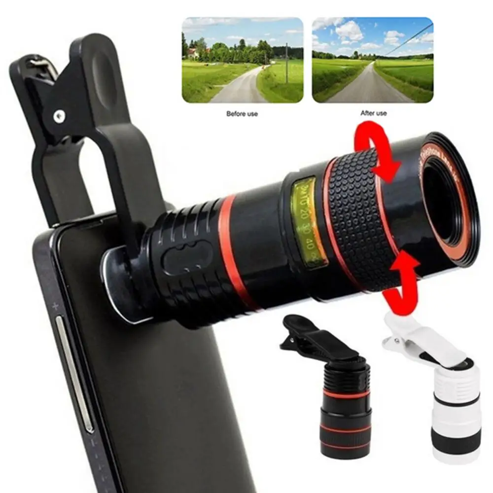 Universal 12X Zoom Monocular Telescope Long Focus Mobile Phone Hd Camera External Telephoto Lens with Clip for Camping Watching