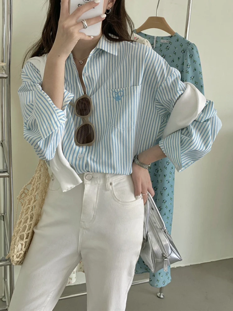 New Spring Drop Sleeve Pink Striped Embroidery Women Shirt Single Breasted Fashion Female Shirts Chicly Casual Office Lady Style