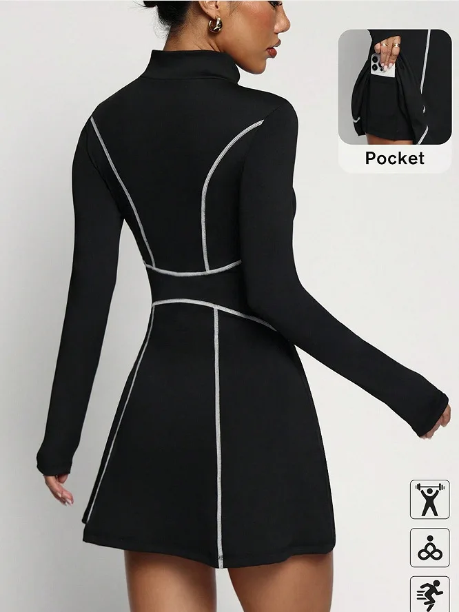 Women Black White Color Block Long Sleeve Tennis Dress High Waisted Built‑in Shorts Tight Fit For Sports Fitness Workout