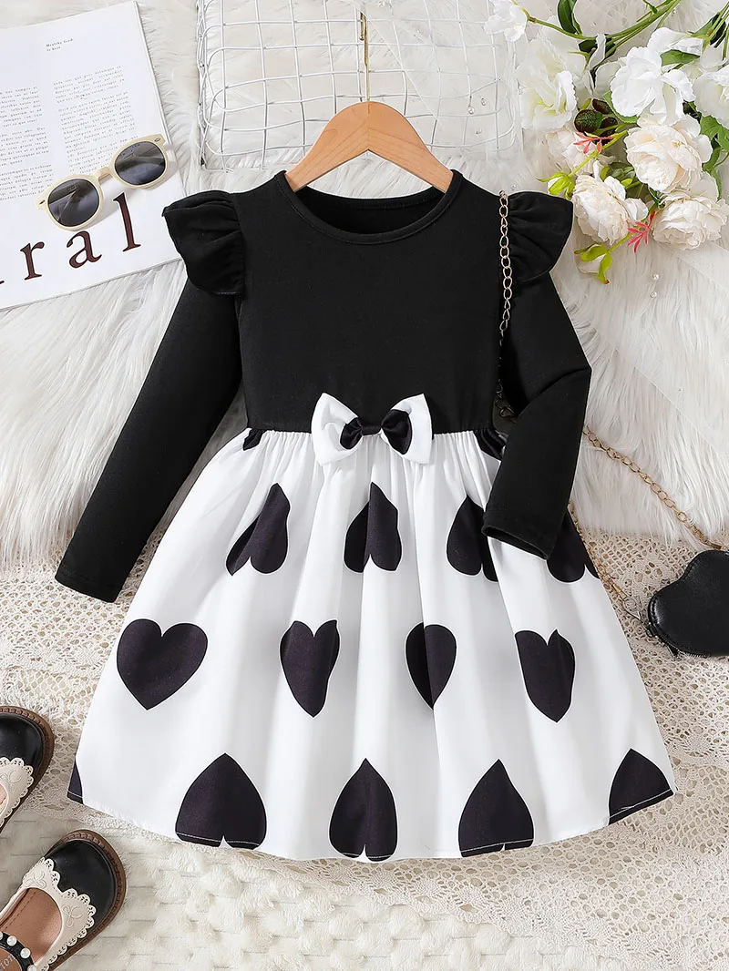 Korean Girls Long Sleeve Dress 1-6Y Spring Autumn Children's Clothing Cute Girls Heart Patchwork Dress Kid's Casual Outfit