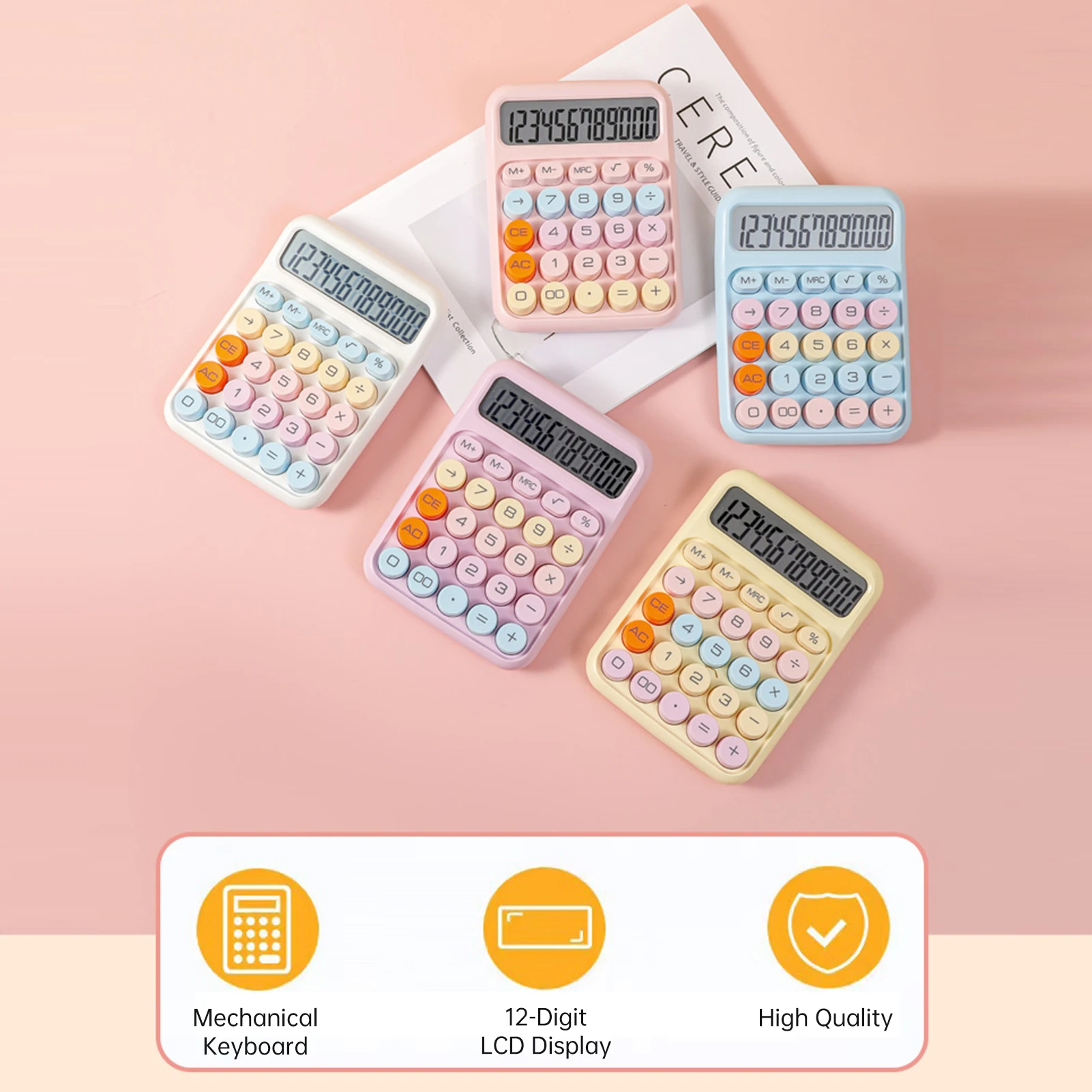 Mechanical Calculator 12 Digit Large LCD Display Big Round Button Cute Candy Colored Calculator Suitable for Office School Home