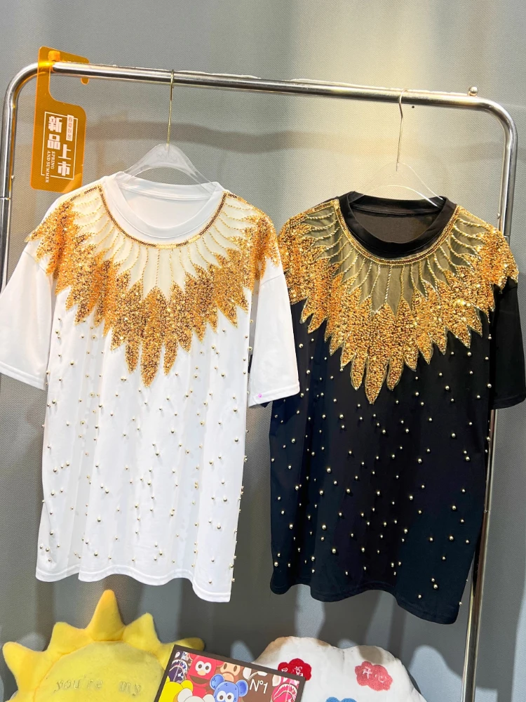 

Women Oversize Mid length T-Shirt Summer Y2k Clothes 2024 High Quality Beaded Sequin Spliced Gold Wings Fashion Cotton Top Tide