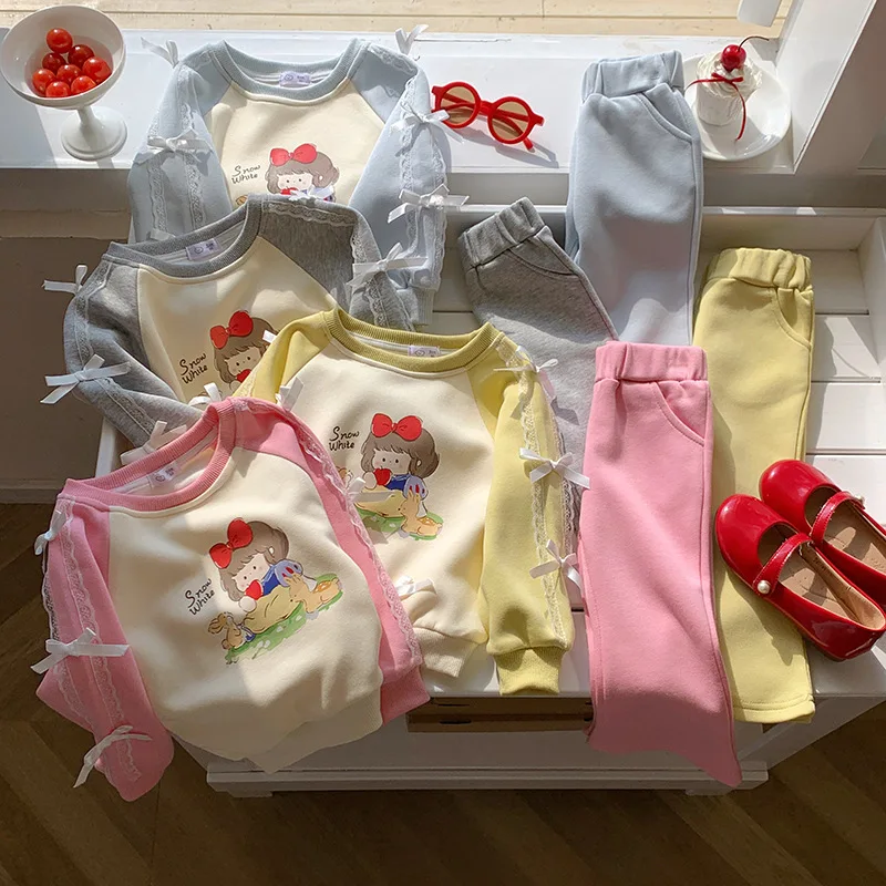 

Children's Bow Sweatshirt Set Autumn Girls' Solid Color Sweatshirt Flared Pants Cartoon Print Sports Casual Outfit