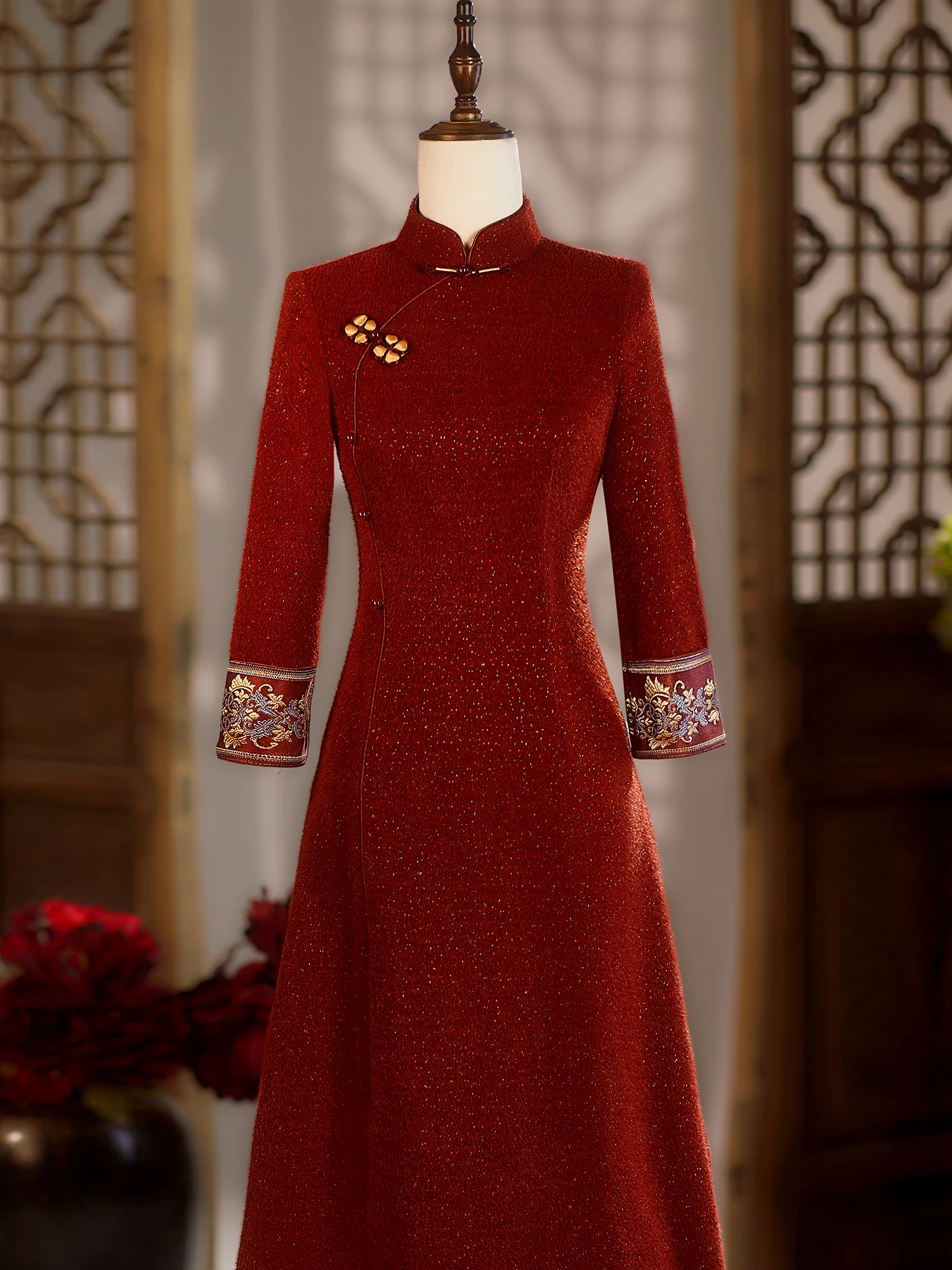 

Wedding Dr Warmth Polyester And Spandex Long Sve Mid-Length Pure Color Retro Sle for Middle-Aged Mothers