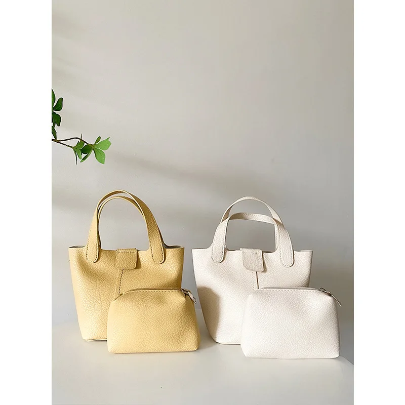 Korean Style Mini Bucket Bag Set Litchi Texture PU Leather Top Handle Tote with Small Pouch Versatile Snap Handbag for Shopping