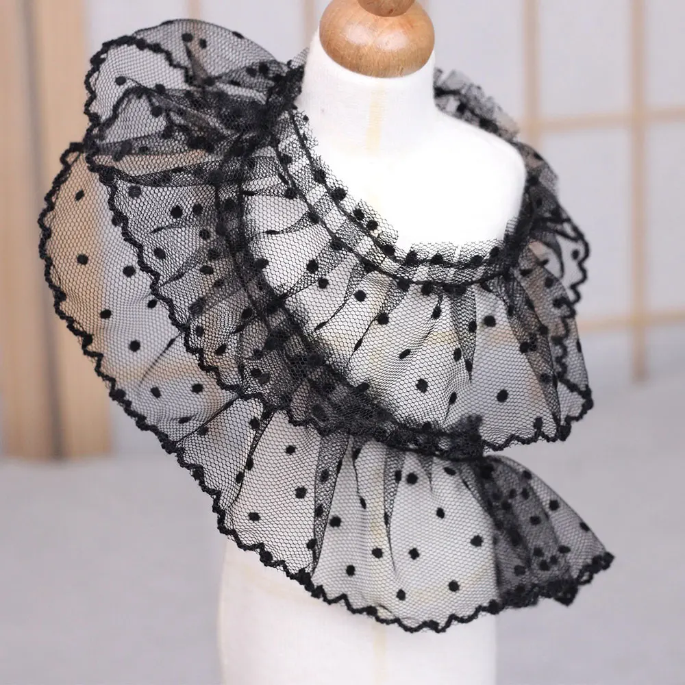 Eco-Friendly 5cm Width Mesh Lace Trim White Black 3D Pleated Polka Dot Ribbon for Doll Dress Collar & Handmade Sewing