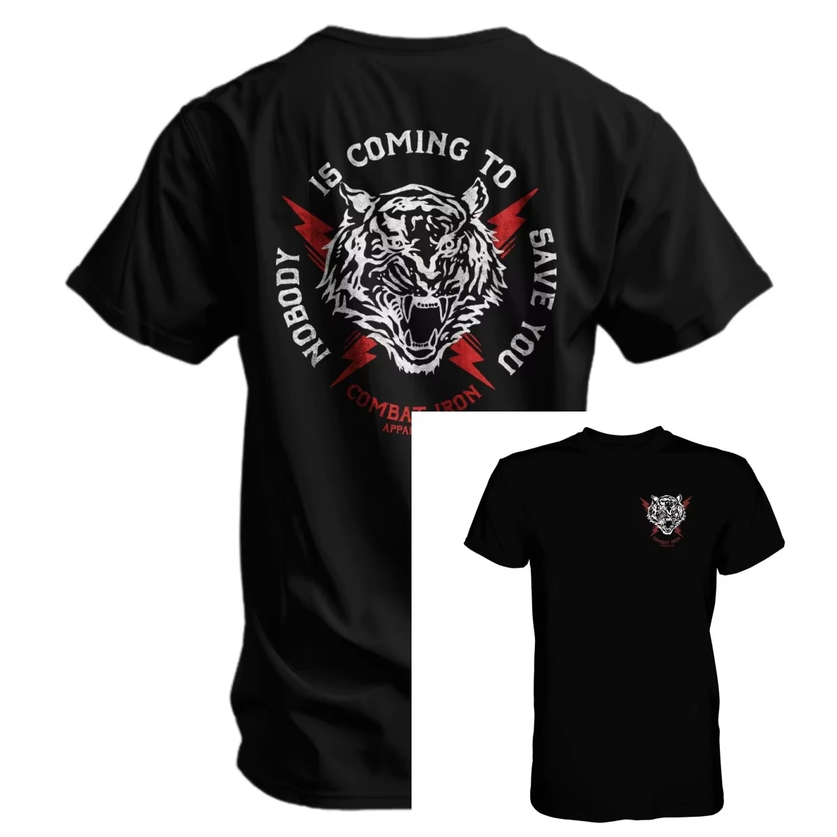 Vintage Grunge‑style Roaring Wild Tiger Graphic Lightning Decoration and Motivational Slogan Double‑sided Printed Unisex T‑shirt
