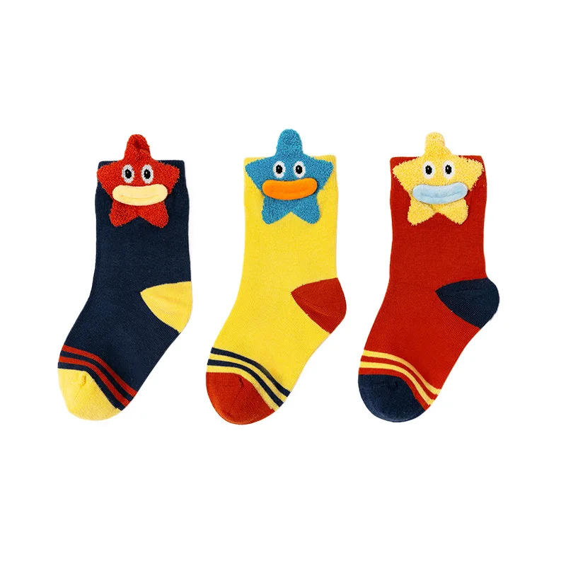 Neue dreifarbige Cartoon-Seestern-Muster Frühling-Herbst-Vier Jahreszeiten bequeme weiche Kinder-Baumwollsocken der Klasse A, 3er-Pack