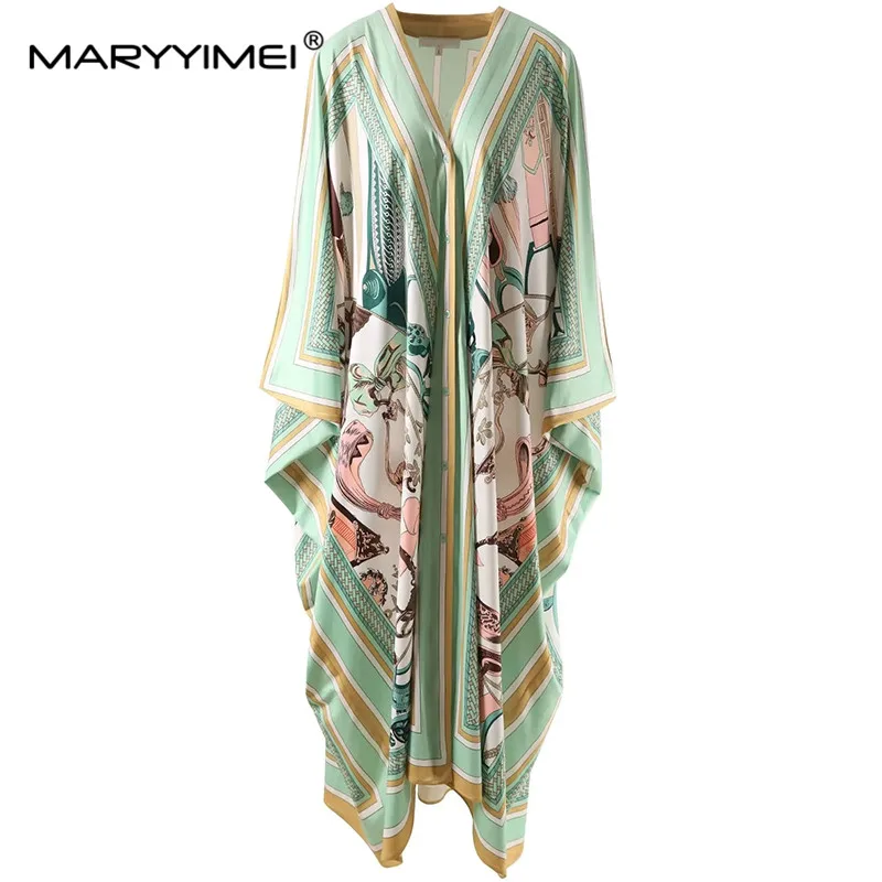 MARYYIMEI Fashion Autumn Winter Women's dress Batwing Sleeve V-neck Print Asymmetrical Loose robe Elastic knitting Dresses