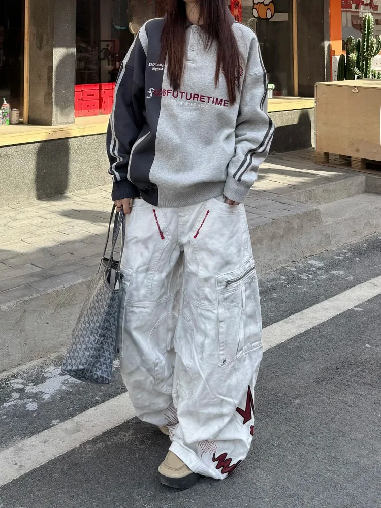 

Retro American Dirt Dyed Flame Print Workwear Jeans Loose Casual Loose Leggings for Men And Women Youth Trendy Wear Resistant
