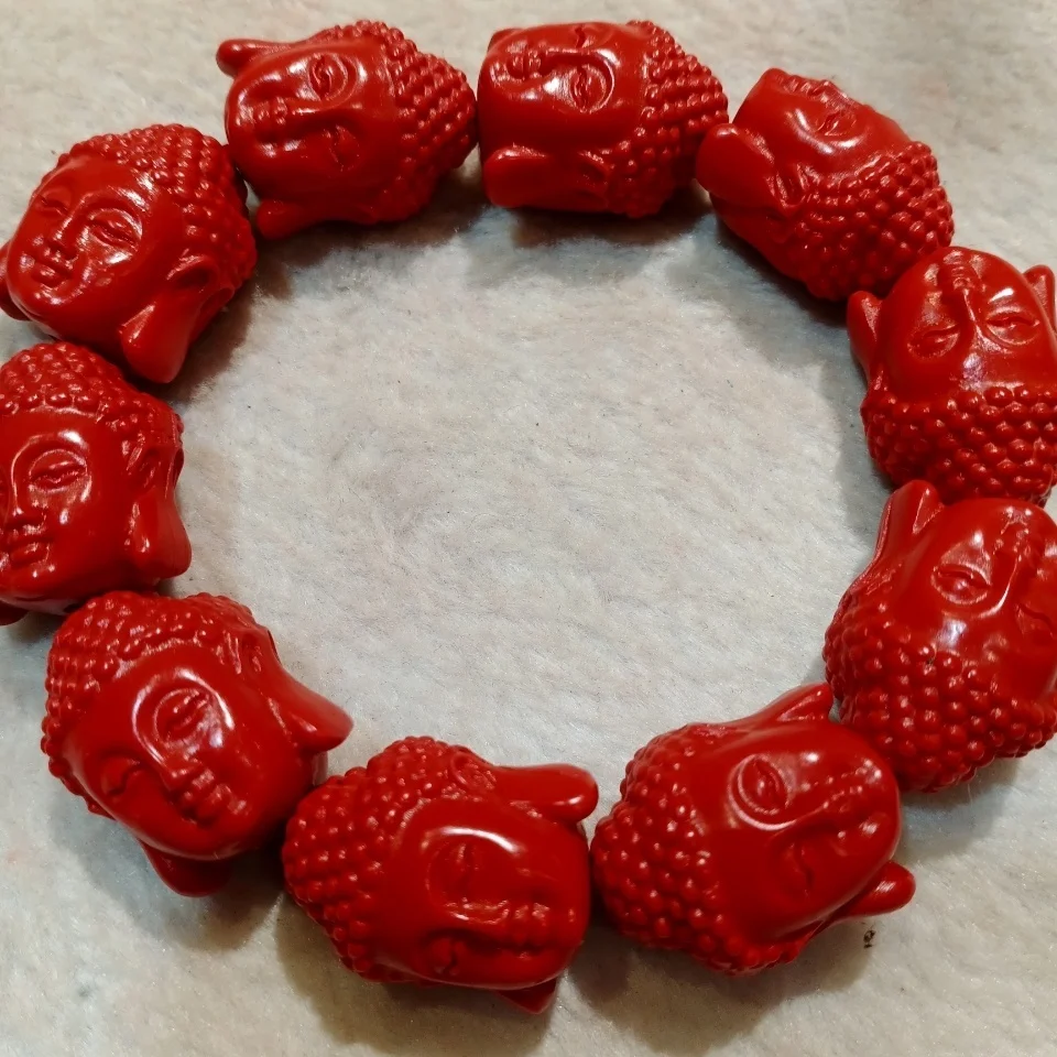 Red Cinnabar Buddha Head Double-sided Avalokitesvara Bracelet Buddha Head Bracelet for Men and WomenTai Sui  Amulet