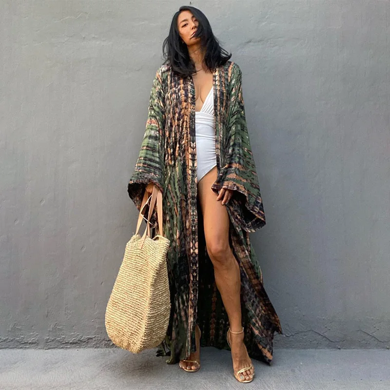 Beach Cover Ups Women Tie Dye Printed Kimono Cardigan Self Belted Wrap Dresses Summer Holiday Bathing Suits