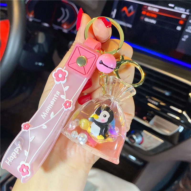 Cartoon Oil Trinket Fortune Bag Ocean Doll Polar Bear Key Chain Floating Pearl Flower Penguin Seahorse Quicksand Bottle Keyring