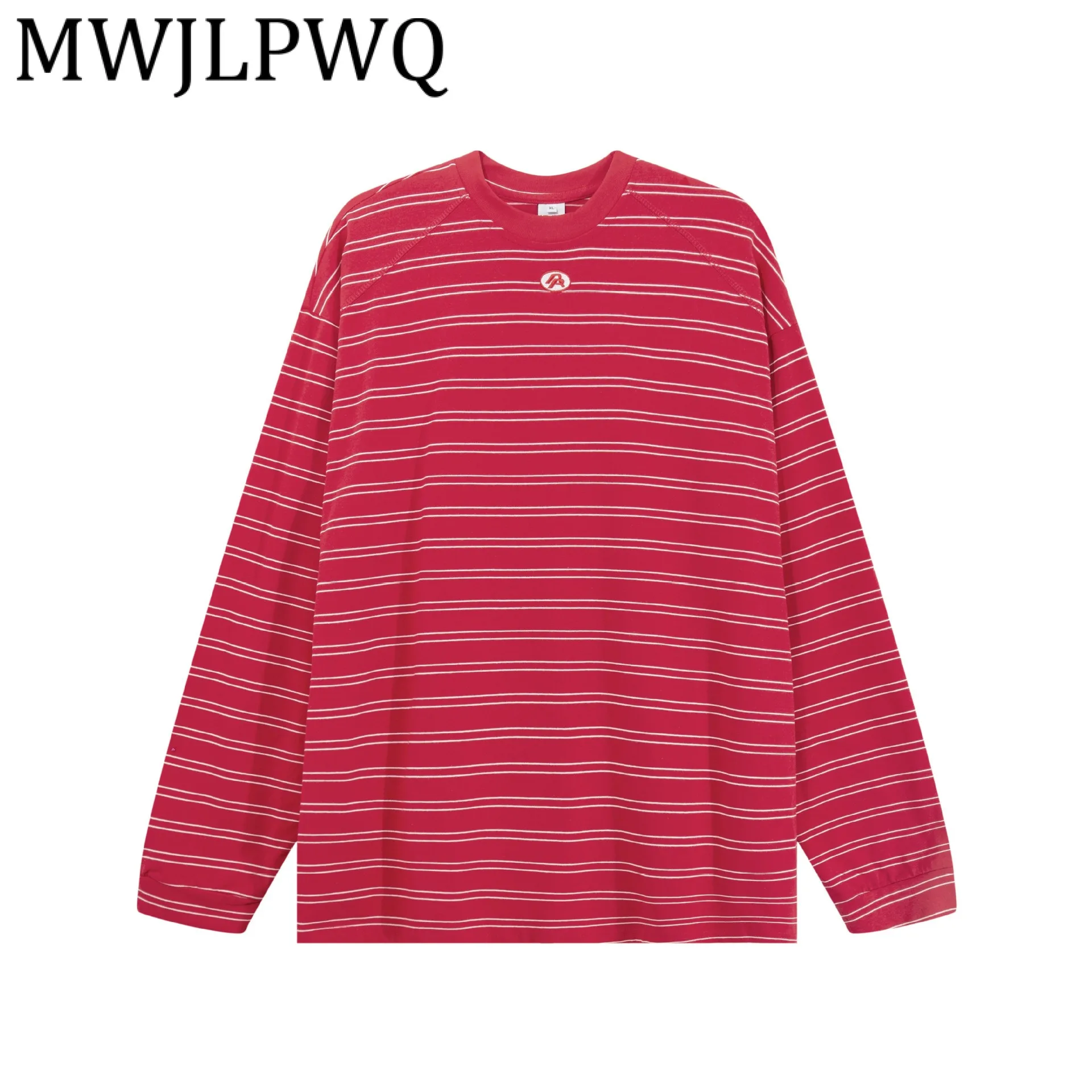 

MWJLPWQ модная осень 202, новая американская полосатая футболка в стиле High Street с длинным рукавом и круглым воротником, модные топы простого дизайна 21421