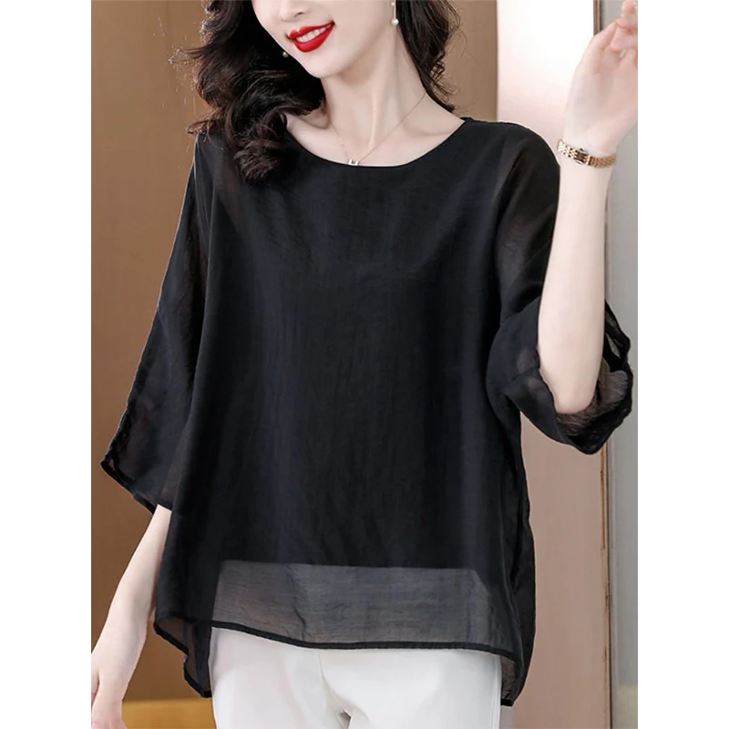 Women Summer Casual Fashion Loose Patchwork Solid Color O-neck 3/4 Sleeve Chiffon Shirts Women Clothes Elegant All-match Top Tee