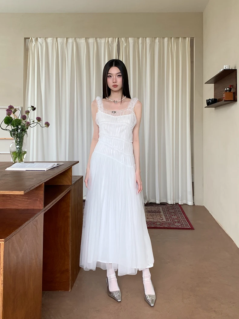 Sukienka balowa bez rękawów CHEERART, biała, tiulowa, urodzinowa, damska, letnia, z siateczkowymi tunikami, długa sukienka wieczorowa na ramiączkach w kształcie litery A.