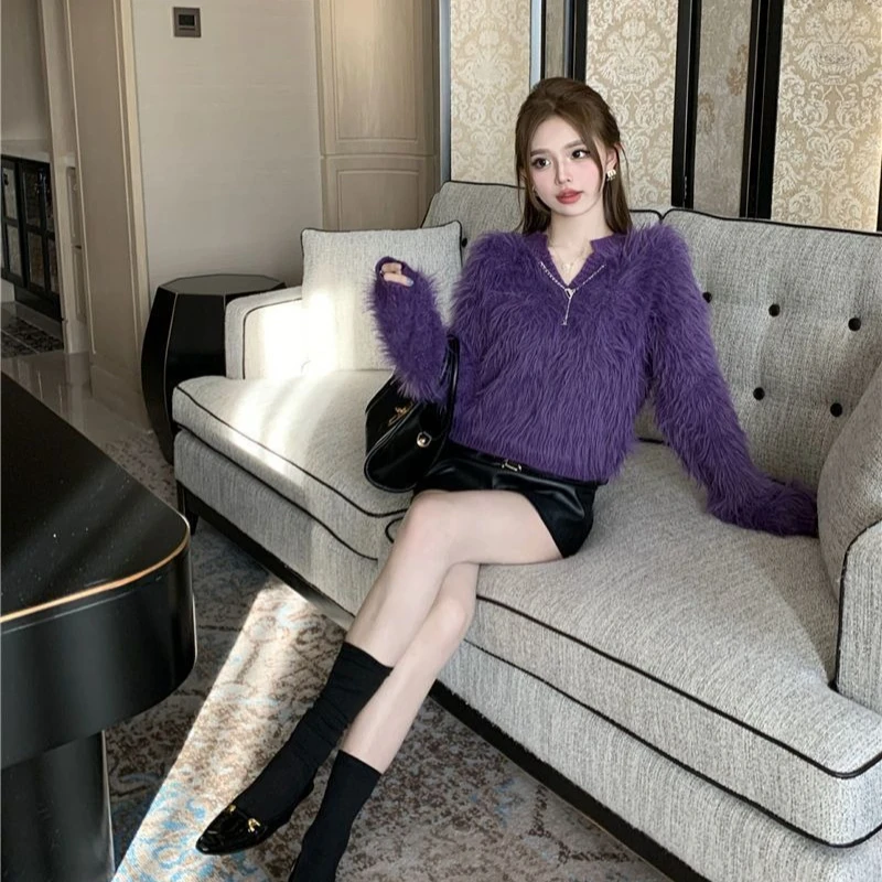 여성용 브이넥 니트 스웨터 긴 소매 오리지널 패션 2025 일본 스타일 의류 퍼플 여성 풀오버