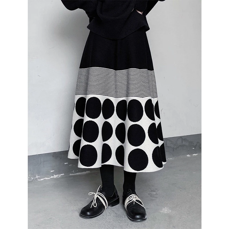 Vintage Polka Dots Knitted Midi Skirt Women Harajuku Striped Patchwork Skirts Winter Korean Elegant Loose Design A Line Faldas
