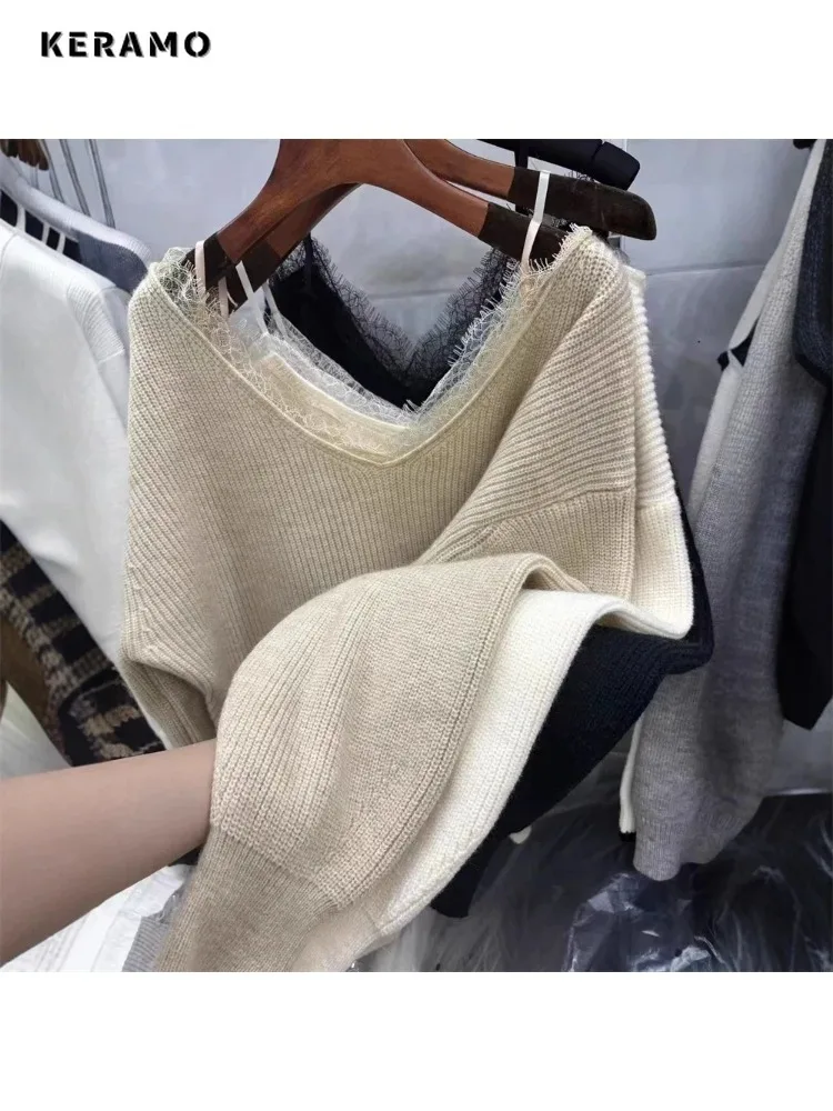 2025 inverno elegante sexy com decote em v tricô manga longa gyaru pullovers feminino coquette rendas retalhos bainha senhoras camisola branca
