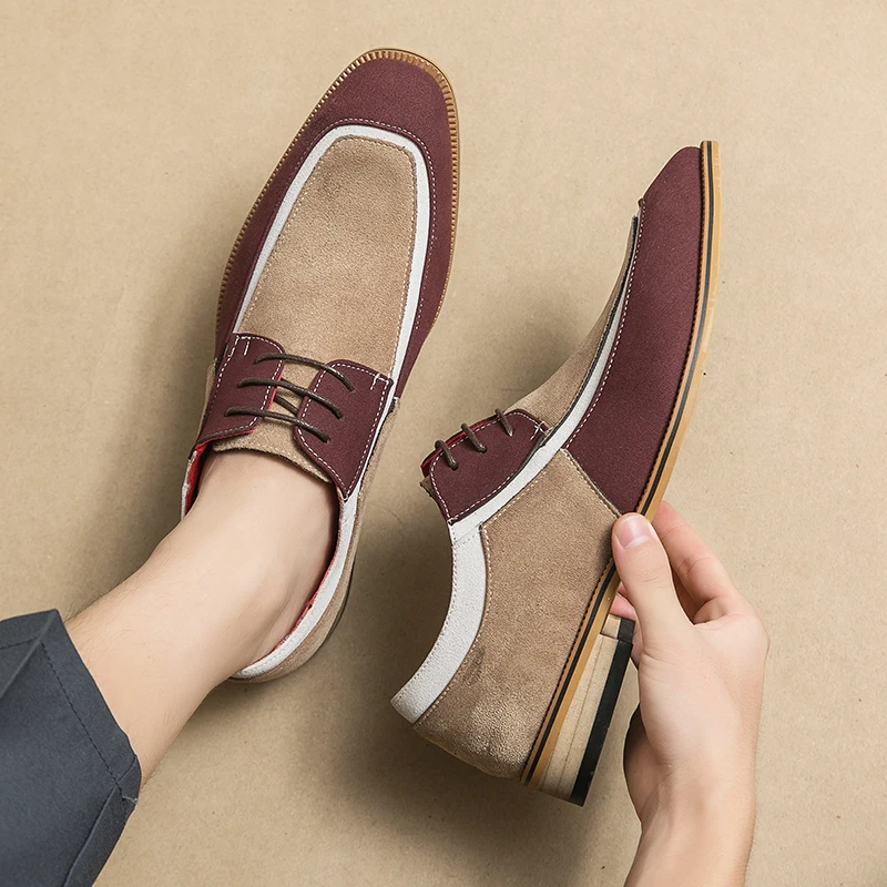 New Flock Derby Shoes for Men Square Toe Lace-up Mixed Colors Fashion Wooden Heel Sole Men Dress Shoes Size 38-48